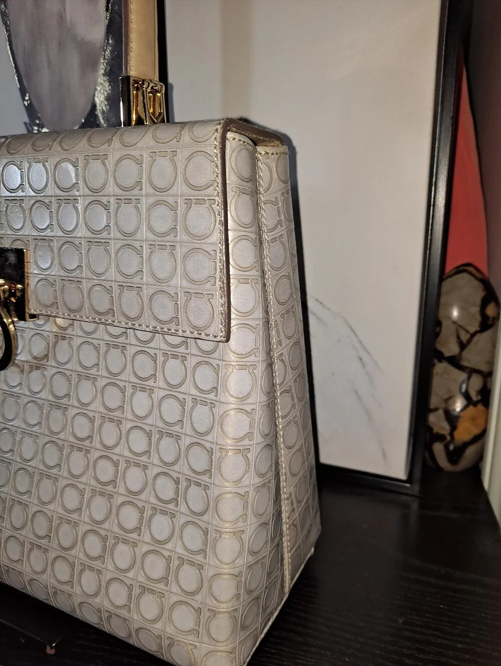 Salvatore Ferragamo Light Beige Gancini Monogram Top-Handle Satchel
